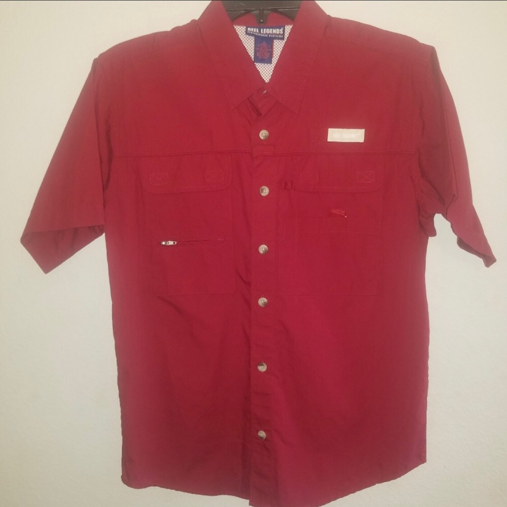 Reel Legends, Red Fishing Shirt, Collared, Short Sleeve, Button-Down Size Small